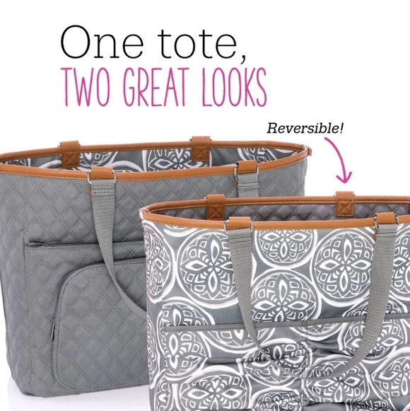 Thirty One Large Double Take Tote Grey Reversible Woodblock & Quilted Diamond - Picture 2 of 10